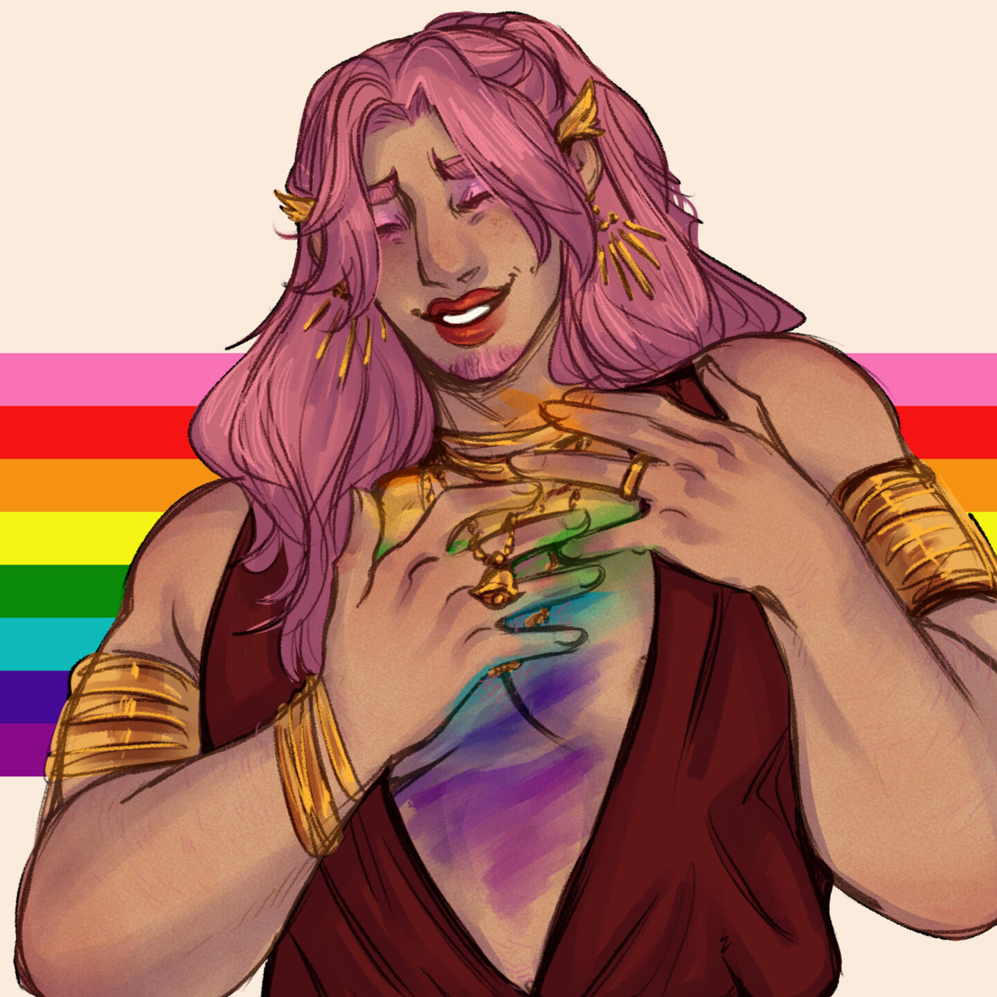 Digital artwork of a hyuran warrior of light. He is wearing a dark red dalmascan draped top with a black cloth belt and gold jewelry all over his arms, hands, neck, and ears. He has long pink hair and chin scruff and has a thicker build. He is wearing pink