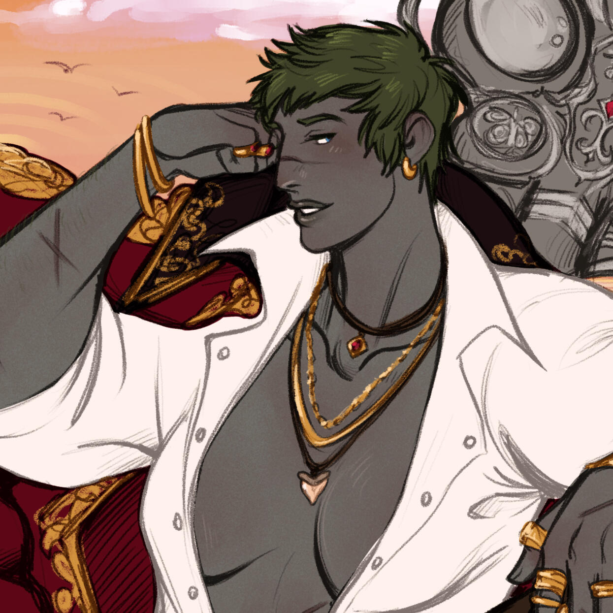 Digital artwork of a roegadyn woman. She is dressed in pirate garb: an unbuttoned blouse, leather trousers and boots, gold and ruby-accented jewelry all over her, and an ornate red coat hanging about her shoulders. She has an axe behind her and gold is spi