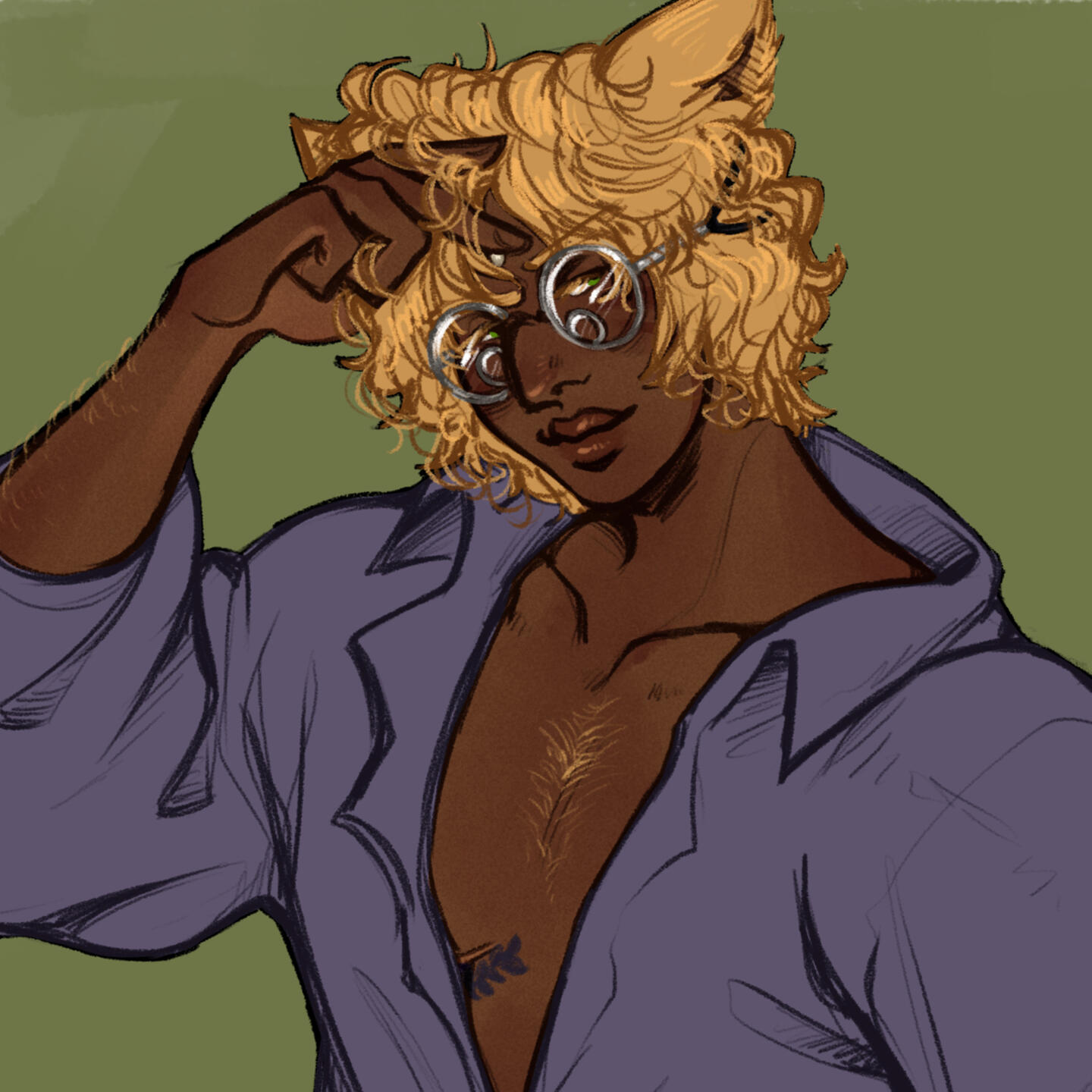 Digital artwork of a sunseeker miqo'te woman. She has a fit build and a dark complexion, with emerald green eyes and blonde curly hair. She has a large hooked nose and plump lips, and a garlean third eye on her forehead. She is wearing a loose purple shirt